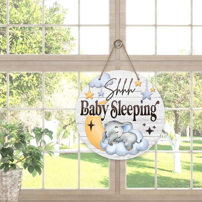 Deroro Shhh Baby Sleeping Front Door Sign, Elephant Moon Cloud Stars Wood Door Hanger Nursery Kids Bedroom Decor, Infant Toddler Baby Boy Girl Room Rustic Wooden Wreath Indoor Wall Hanging Decoration - Image 5